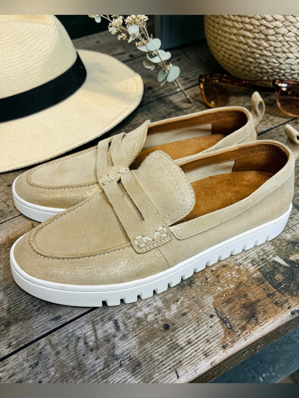 Vionic Uptown Suede Slip-on Penny Loafers Metallic Gold NWOT Women 7 W